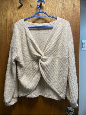 Women's Cream Twist-Front V-Neck Sweater